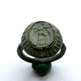 Roman Ancient Artifact Bronze Ring With Warrior With A Spear And Shield