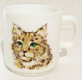 Vtg White Milk Glass Kitty Cat W/ Green Eyes Coffee Tea Hot Chocolate Cup Mug
