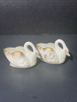 Set Of 2 Vintage Lenox Ivory Porcelain Mini Swan Figurines / Ring Holder