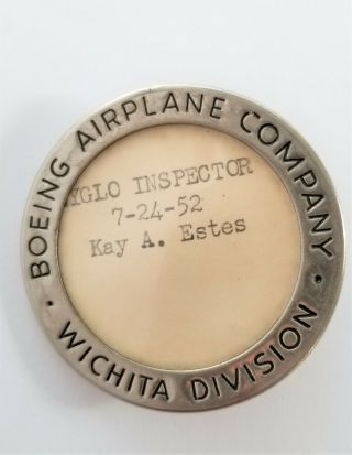 Vintage (1952) Employee Badge Pin Aviation Boeing Airplane Company Witchita