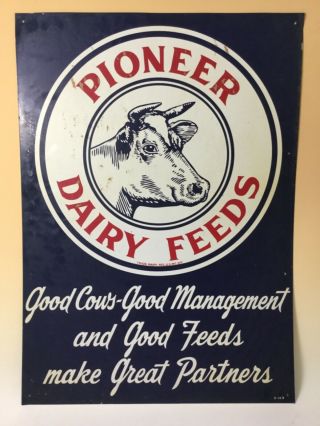 Large Vintage Pioneer Dairy Feeds Tin Cow Sign,  Bristol,  Ct,  Great Graphics