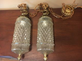 Vintage Mid Century Fish Crystal Glass Hanging Light Fixture Double Pendant Swag