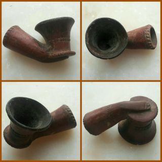 Antique Rare Trumpet Bowl 3 Part Ornate Red Clay Tobacco Pipe C.  A.  1690 - 1700