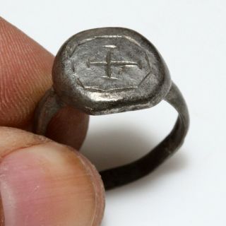 Ancient Byzantine Silver Ring With Christian Cross Depiction Circa 500 - 700 Ad