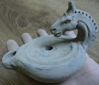 Ancient Roman Terracotta Oil Lamp Mythological Head Of Horse Circa 200 Bc - 150 Ad