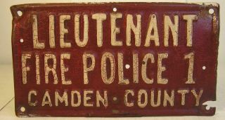Vintage Lieutenant Fire Police 1 Camden County License Plate - Red & White - Aged