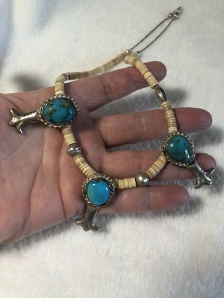 411 Vintage Navajo Sand Cast Sterling Turquoise Squash Blossom Pendant Necklace