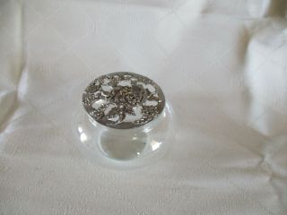 Vintage Glass Potpourri Bowl Pewter Metal Rose Spray Lid Collectable Vgc
