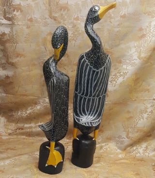 Folk Art Hand Carved Stylized 2 Wood Goose / Bird Sculpture Decor