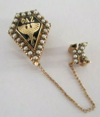 Vintage Phi Alpha Zeta 10k Gold Enamel Pin Seed Pearls & " K " Pin On Chain Nr