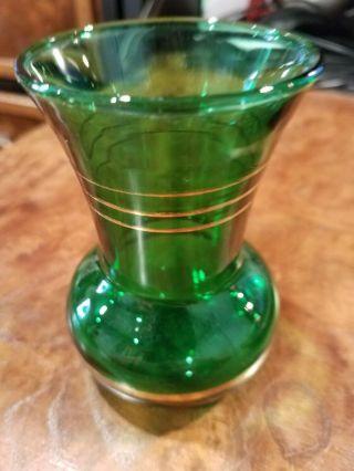Small Vintage Dark Green Glass 3.  75 " Vase With Gold Trim,  2 Available