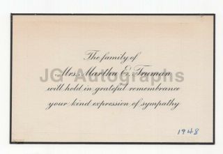Martha Truman - Mother Of Harry S.  Truman - Appreciation Card,  1948