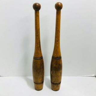2 Antique Wooden Exercise Weights Indian Clubs Juggling Pins 17 "