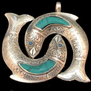 Near Eastern Silvered Fish Pendant With Ancient Green & Turquoise Stones (1)