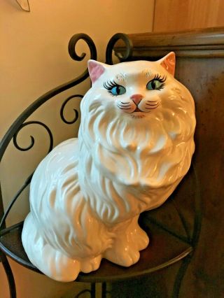 Vintage Ceramic White Persian Cat With Blue Eyes,  14 In - 1978