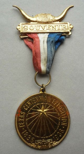Vhtf 1936 Texas Centennial Exposition Prooflike Souvenir Medallion Ribbon