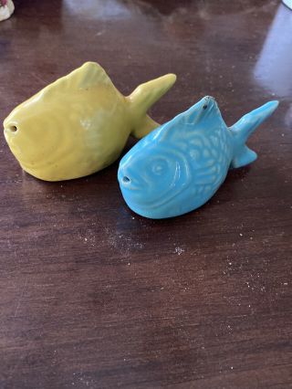 Vintage " Chicken Of The Sea " Yellow & Blue Ceramic Salt & Pepper Shakers