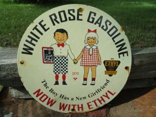 Vintage Old 1929 White Rose Gasoline Porcelain Gas Pump Sign With Ethyl