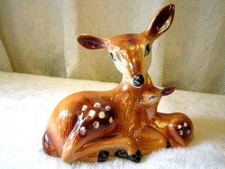 Vintage Ceramic Doe&fawn Deer Bambi Figurine Large Hand Painted Mid Century