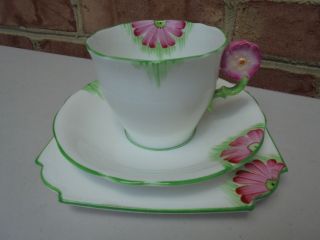 Vintage Aynsley Bone China Flower Handle Cup & Saucer W Plate Trio Art Deco