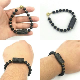 Onyx Stone Beads And Ancient Old Black Agate Stone Cylinder Seal Beads Bracelet