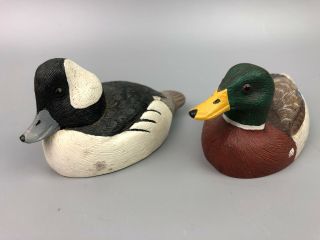 2 Vintage Miniature Wood Carved Duck Decoys Signed Queen Anne Maryland