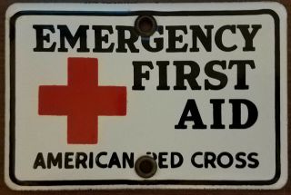 Antique Porcelain American Red Cross Emergency First Aid Sign Plate Topper