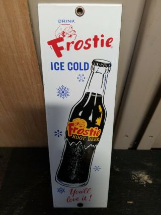 Vintage Drink Frostie Root Beer Advertising Porcelain Metal Door Push Rare Sign