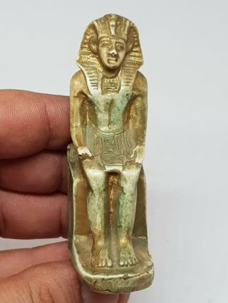 Ancient Egyptian Stone Seated Statue Of Pharoah 72,  6 Gr 79 Mm
