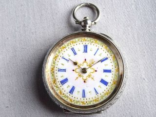 1880 Fabulous Painted Dial Antique Silver Fob Pocket Watch Keywind Serviced