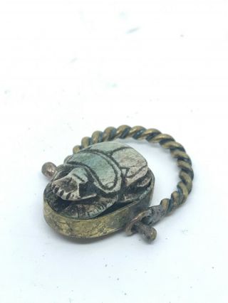Ancient Egyptian Faience Scarab Bead In A Gold Gilt Swivel Ring