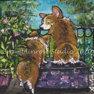 Welsh Pembroke Corgi Painting Dog Puppy On Porch Painting Gift