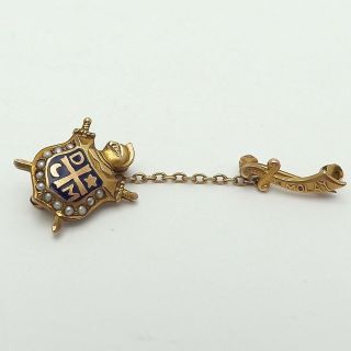 10k Gold Masonic Order Of De Molay Enamel Seed Pearl Lapel Pin With Scimitar