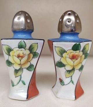 Salt And Pepper Shakers Vintage Japan Floral Red White And Blue