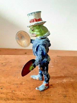 Vintage Antique Cold Painted Heyde Nodder Frog Musician Figure Lead Toy Spelter