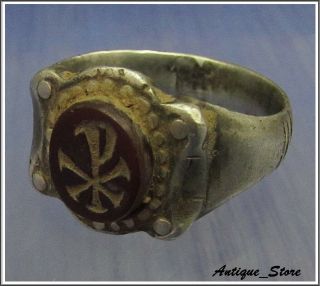 Chi - Rho Ancient Silver Roman Cristianity Ring Intaglio