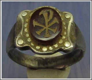 CHI - RHO Ancient Silver Roman Cristianity Ring INTAGLIO 2