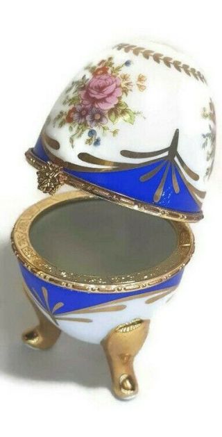 Vintage Footed Egg Trinket Box Hand Painted Floral White Vase