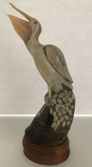 Vintage Pelican Sculpture Carved Painted Buffalo Horn On Wood Base
