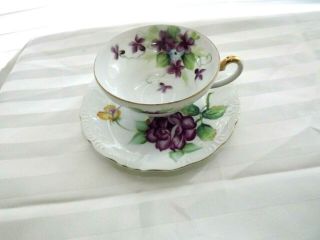 Vintage Hb Hand Painted Cup & Saucer With Violets - Occupied Japan