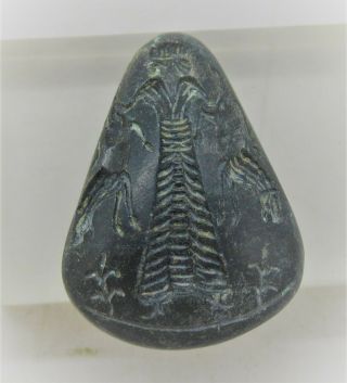Old Near Eastern Black Steatite Stone Seal With Ruler Depiction