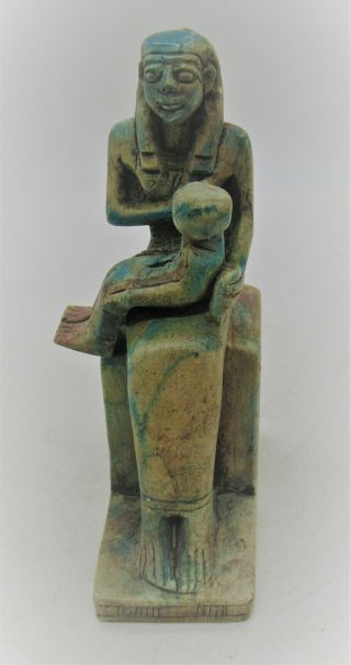 Vintage Egyptian Glazed Faience Statuette Isis Nursing Baby Horus