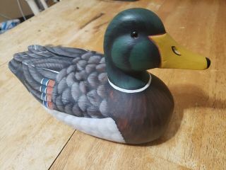 Hand Carved & Painted Wood Duck Decoy Glass Eyes,  Signed James Haddon
