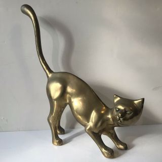 Vtg Large Brass Cat Lover Figurine Siamese Short Hair Long Tail Up 14.  5 " Tall