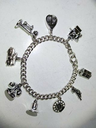 Vintage Sterling Silver Bell System Telephone Sales Charm Bracelet W/ 9 Charms
