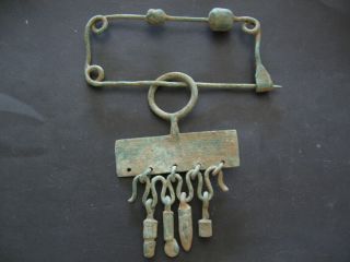 Bronze Age Ancient Illyrians Bronze Fibula With 4 Pendants & 2 Beads 1100 - 900 Bc