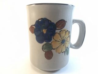 Vintage Stoneware Coffee Mug Cup.  Speckled Brown - Blue & Yellow Flowers