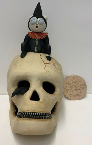 One Of A Kind Hand Formed Clay Halloween Skull W/ Raven - Janell Berryman
