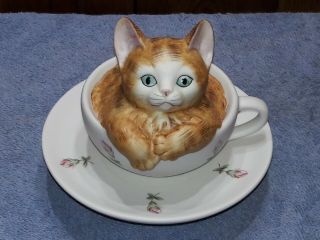Vintage Seymor Mann Musical Rotating Cat In Tea Cup Figurine Made In Japan