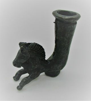 Ancient Persian Bronze Rhyton With Horse Head Circa 500 Bce